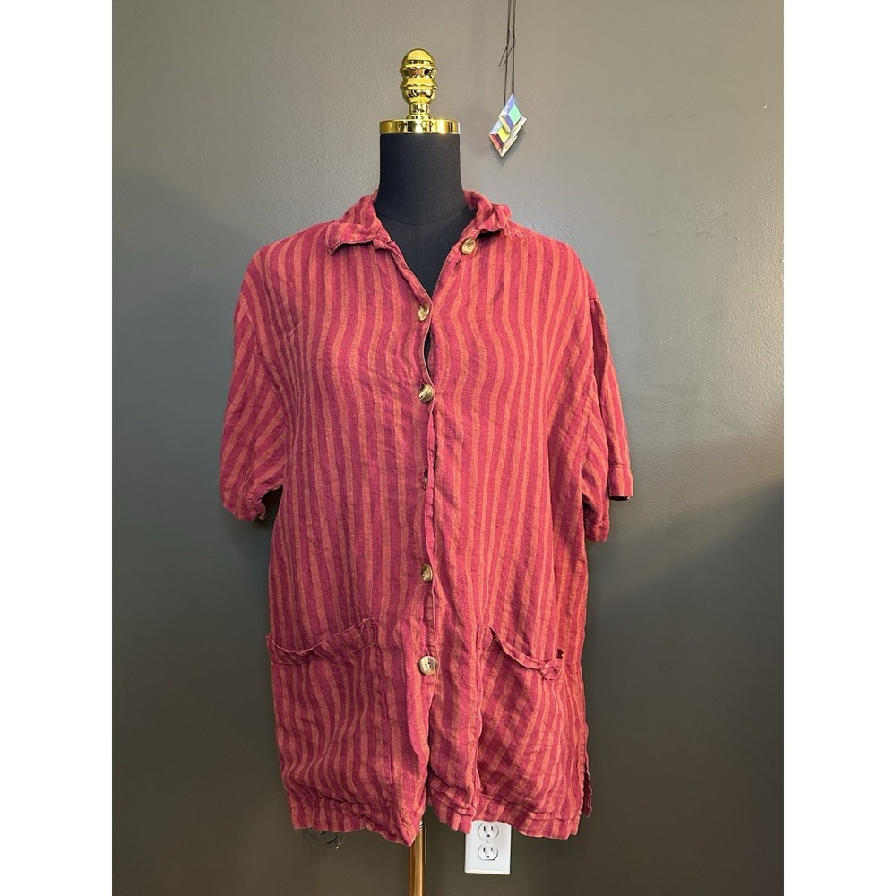 Eddie Bauer Vintage 90s Linen Oversized Short Sleeve Striped Button Up Granola